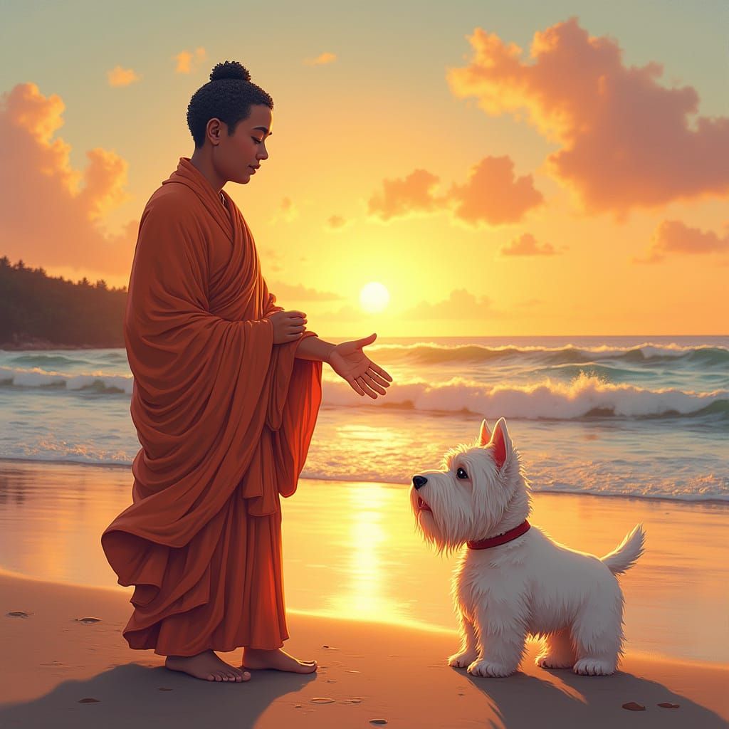 Buddha and Westie on Sunset Beach in Whimsical Style