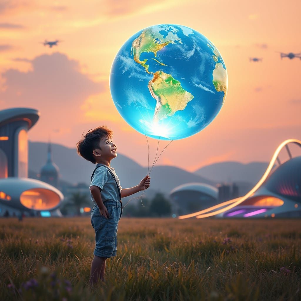 Boy with Earth Balloon in Futuristic Meadow