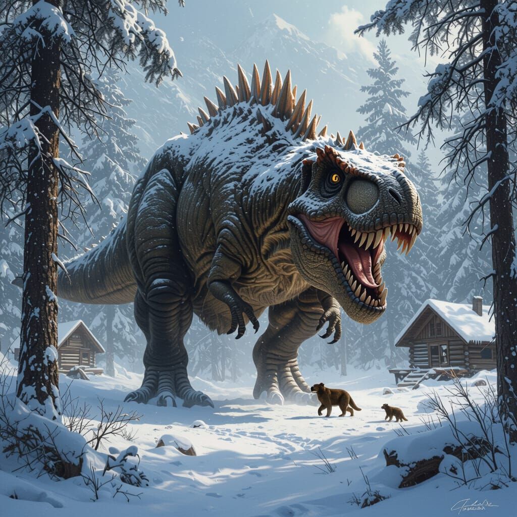 T-Rex in Winter Fur Hunts Near Cabins