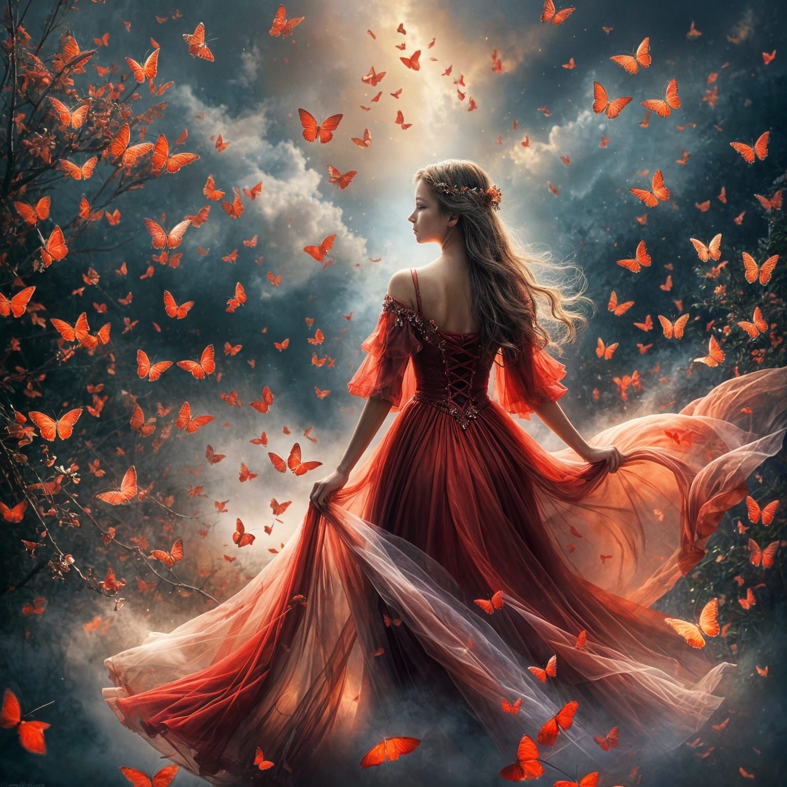 Ethereal Beauty: Girl with Red Butterflies