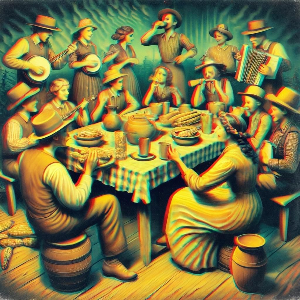 Vintage 3D Art of a Hillbilly Dance Party