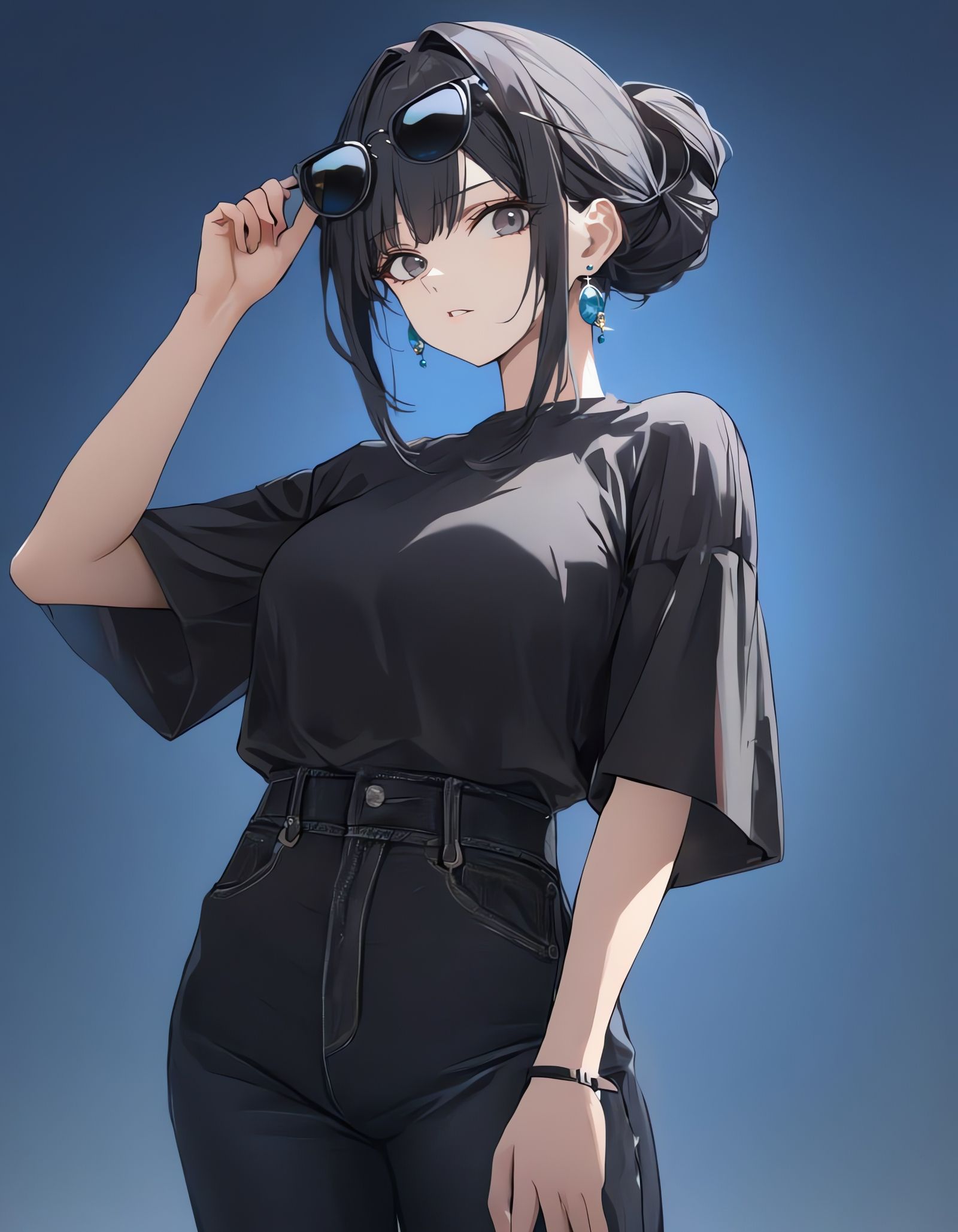 Mysterious Woman in Sunglasses Stands Before a Simple Blue B...