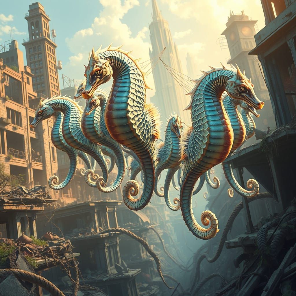 Majestic Seahorses Soar Through Abandoned City
