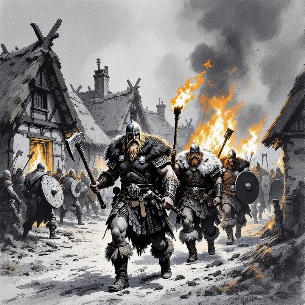 Vikings Plundering Town in Black and White Sketch