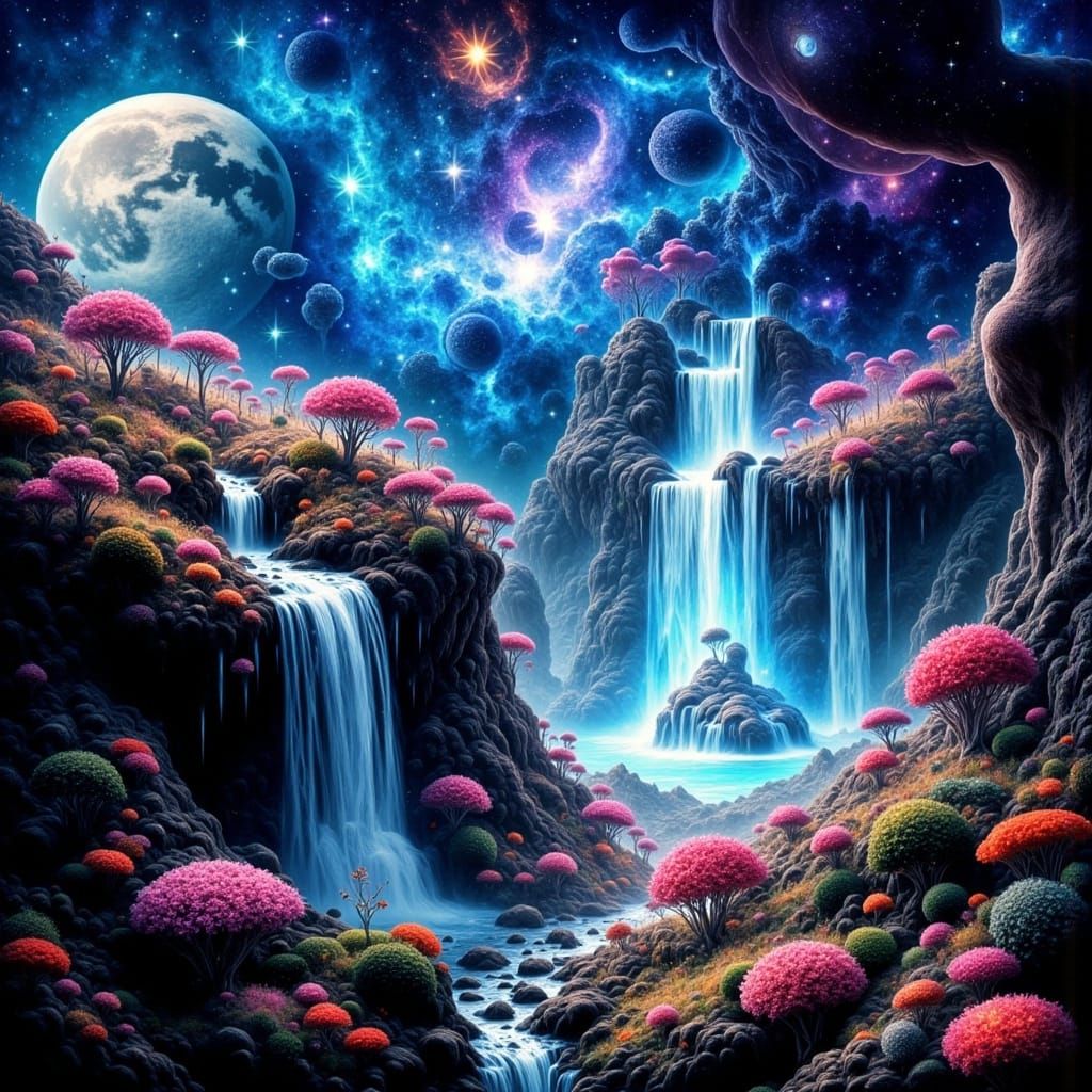 Cosmic Alien Garden with Galactic Flowers and Light Waterfal...