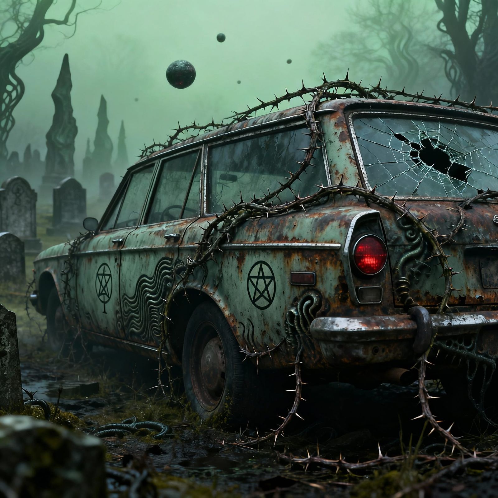 Abandoned Wagon in Foggy Graveyard