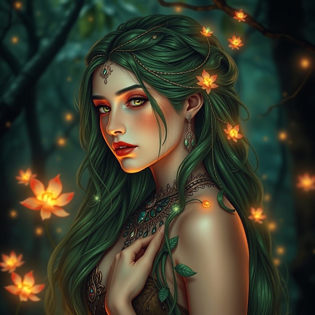 Enchanted Woman with Emerald Hair in Art Nouveau Style