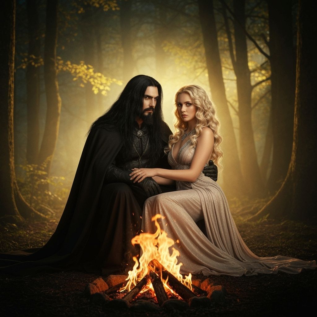 Dark Sorcerer and Woman by Firelight in Ancient Forest