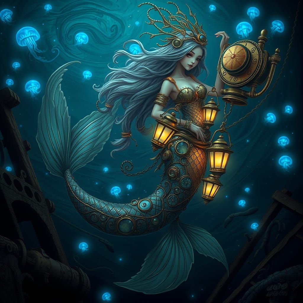 Steampunk Mermaid in a Bioluminescent Ocean Vortex