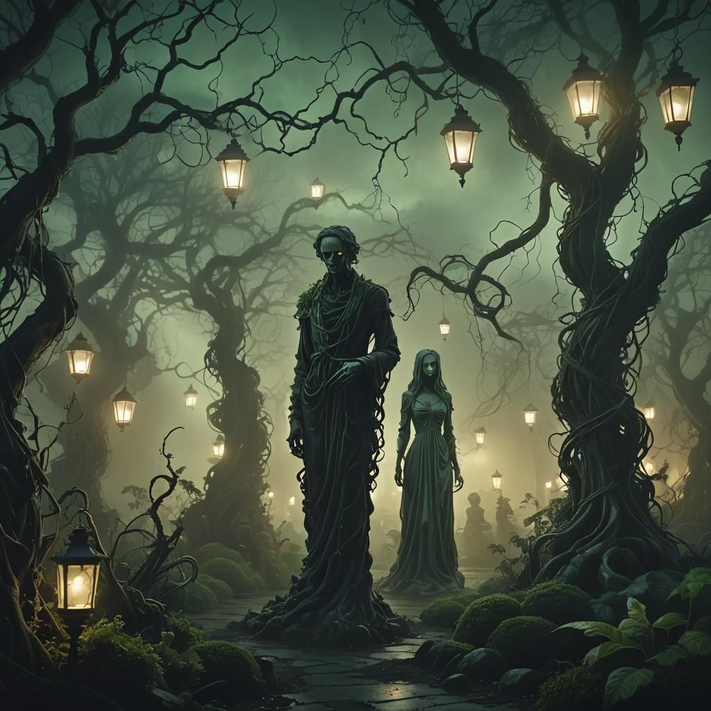 Eerie Ghostly Figure in Dark Fantasy Garden