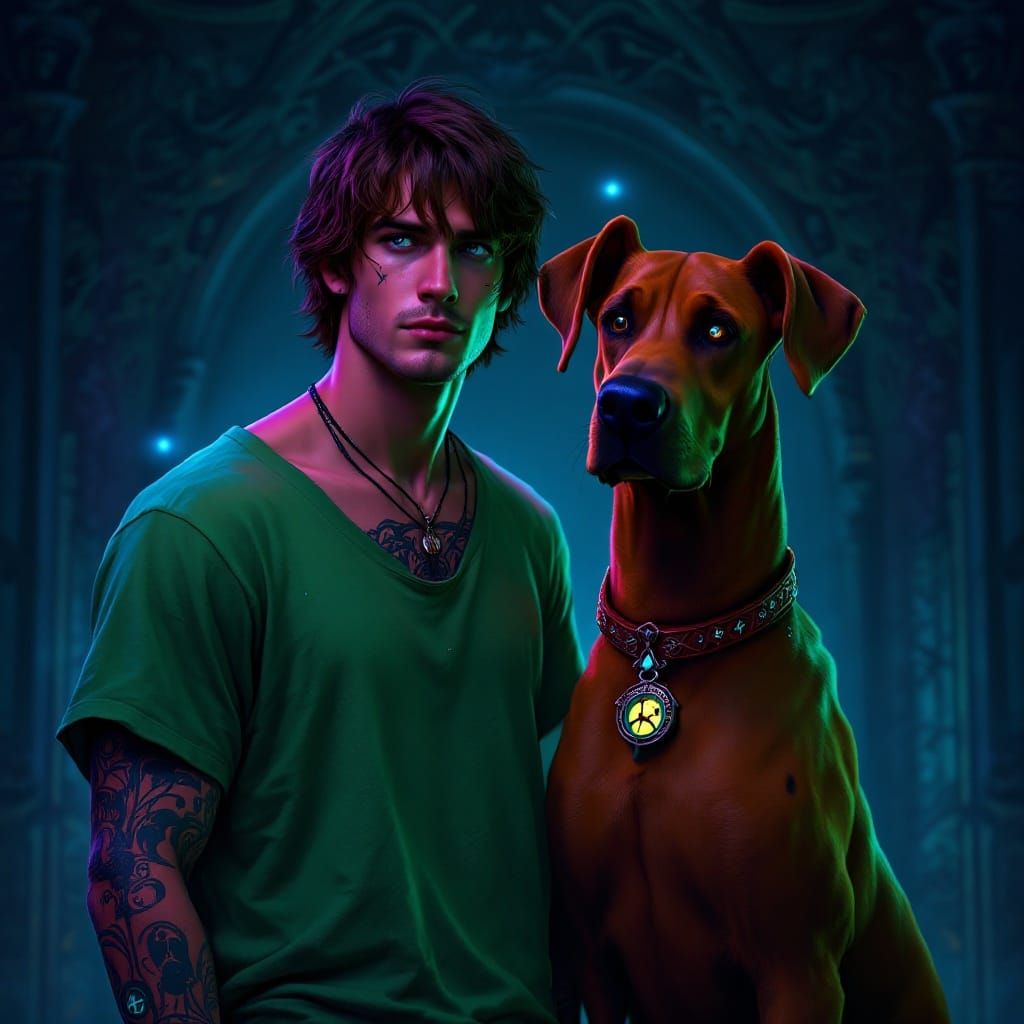 Breathtakingly Handsome Male Shaggy in Haunted House Setting