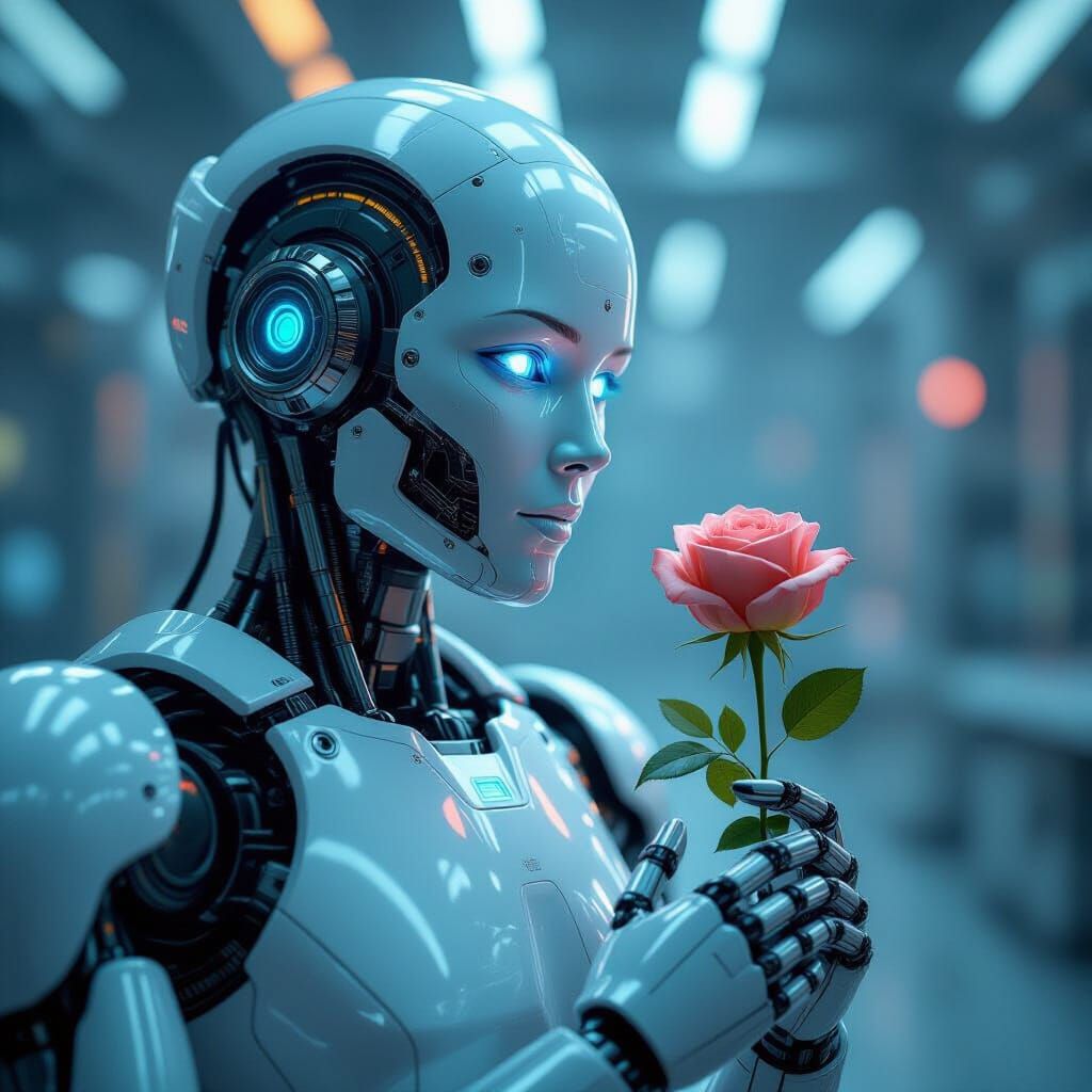 Robot Contemplates Rose in Hyperrealistic 3D