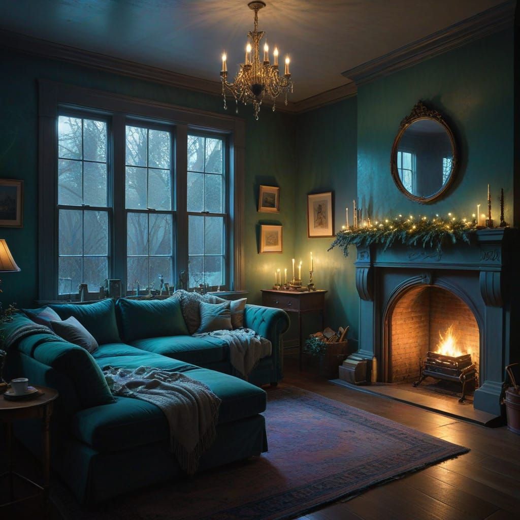 A cozy, wintery room with a softly glowing fireplace, snow gently falling outside. The air is thick with a lilac mist, e...