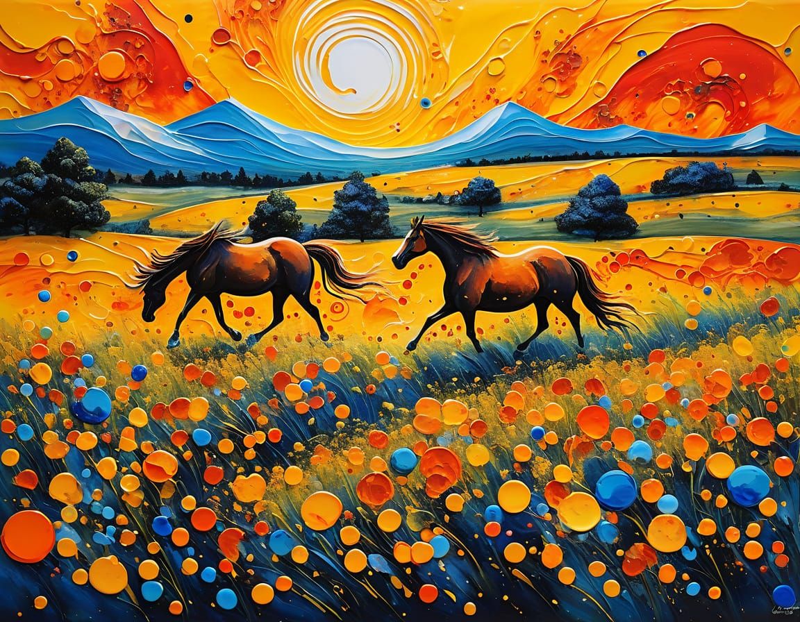 Impasto Acrylic Pour Landscape of Horses in a Vibrant Meadow