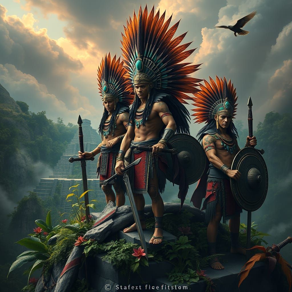 Aztec Warriors Prepare for Battle atop a Jungle-Covered Pyra...