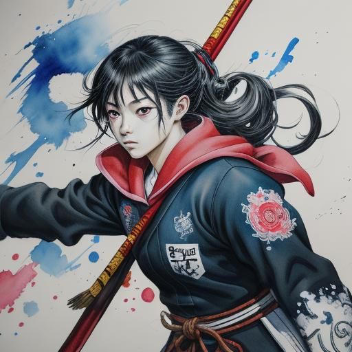 Japanese Schoolgirl Battles Demons: Manga Style Illustration