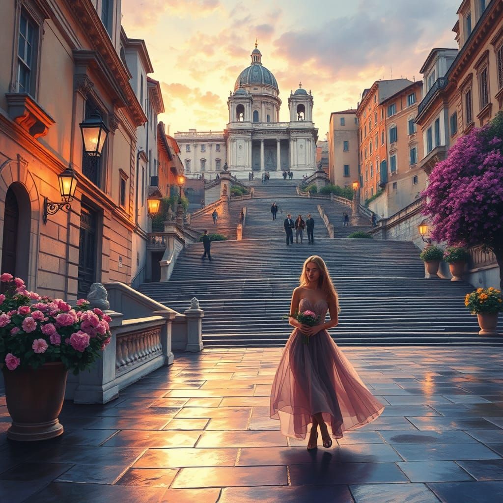 Couple on Spanish Steps in Pastel Tones