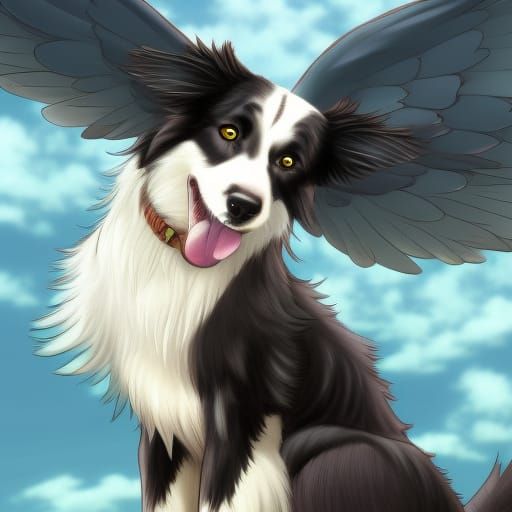 Winged Border Collie in Anime Style