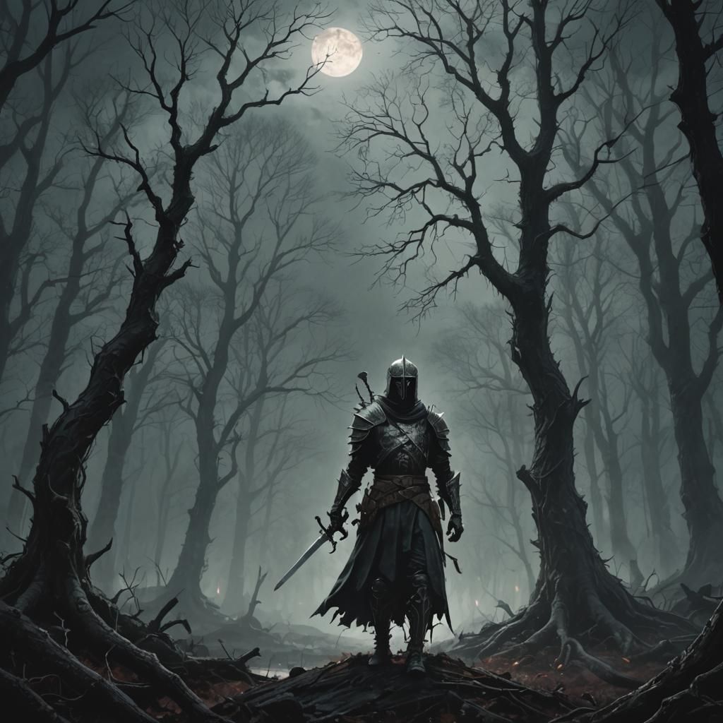 Dark Fantasy Warrior in Haunted Forest