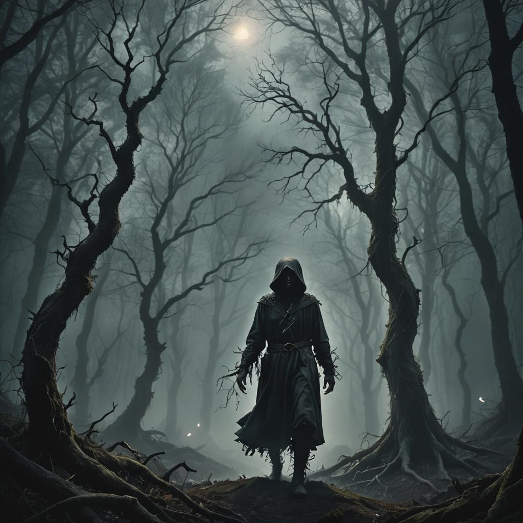 Mysterious Figure in Dark Fantasy Forest, Van Gogh Style