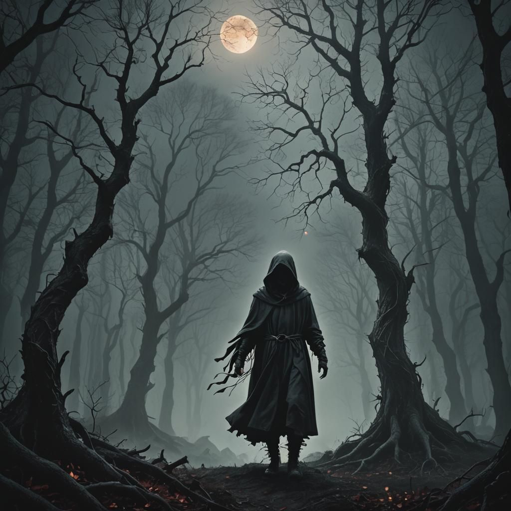 Ominous Hooded Figure in Dark Fantasy Landscape