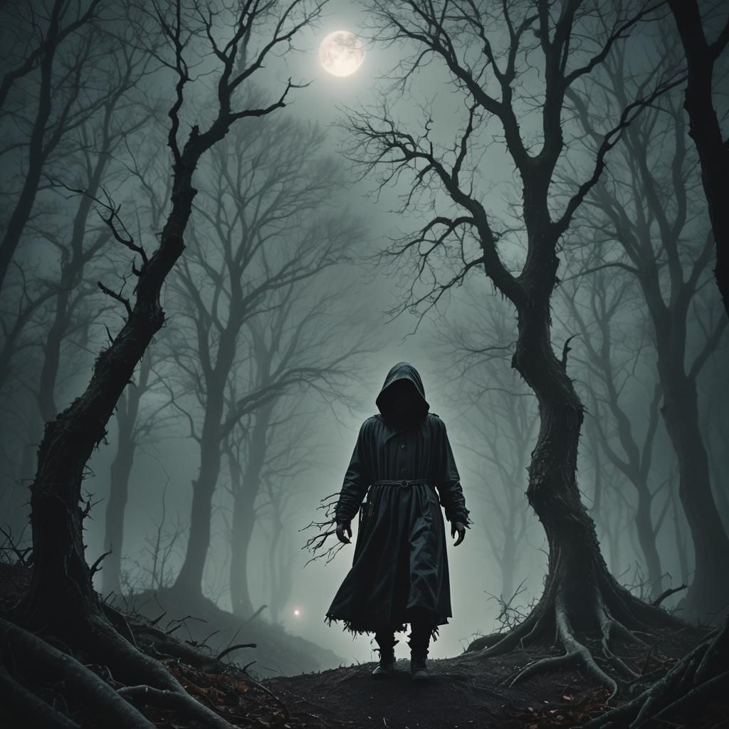 Eerie Surrealism: Figure in Misty Forest