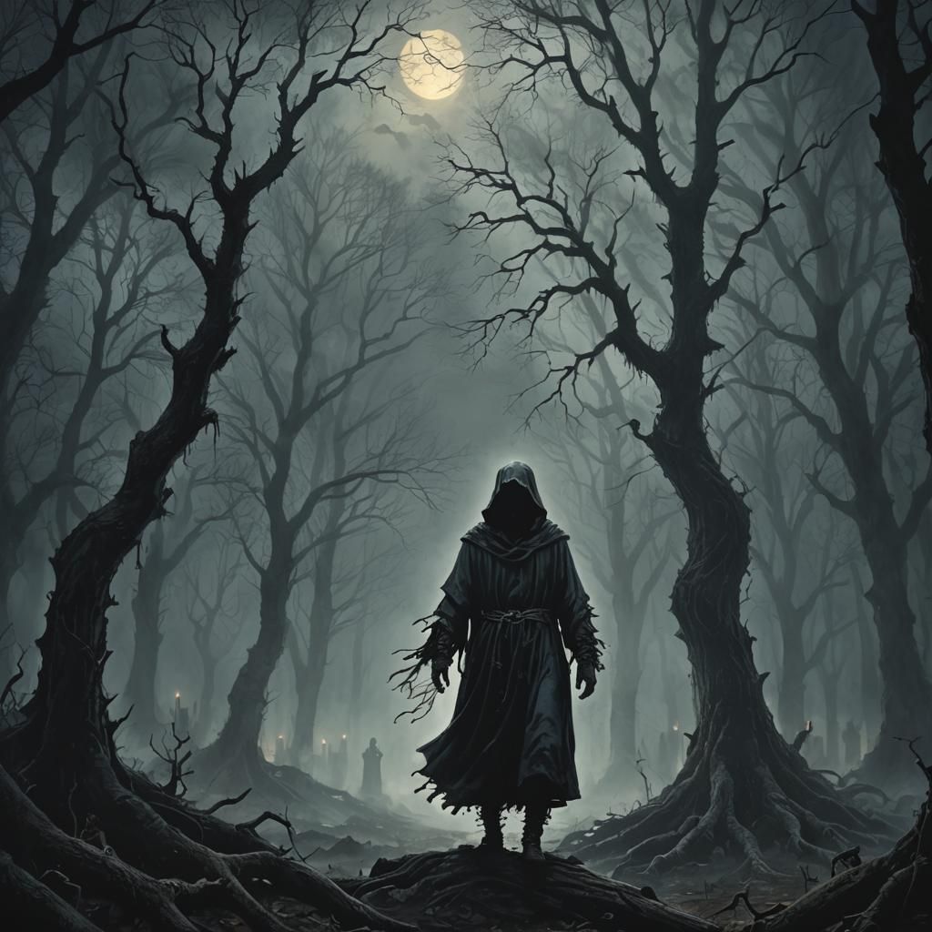 Ominous Figure in Dark Fantasy Forest