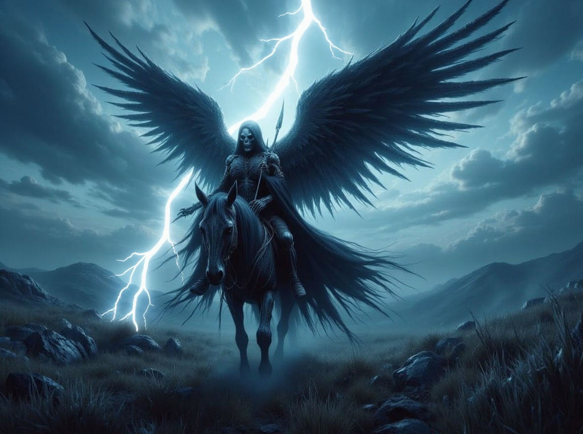 Grim Reaper on Horseback in Grassy Field