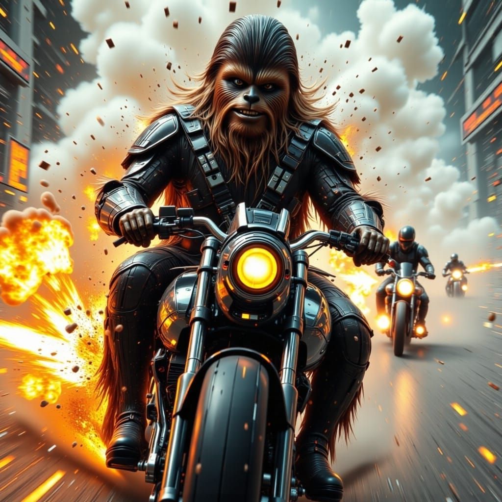 Chewbacca on Futuristic Motorcycle Doing Burnout