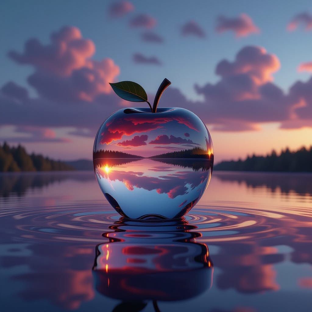 Glass Apple Mirror Floats on Tranquil Lake