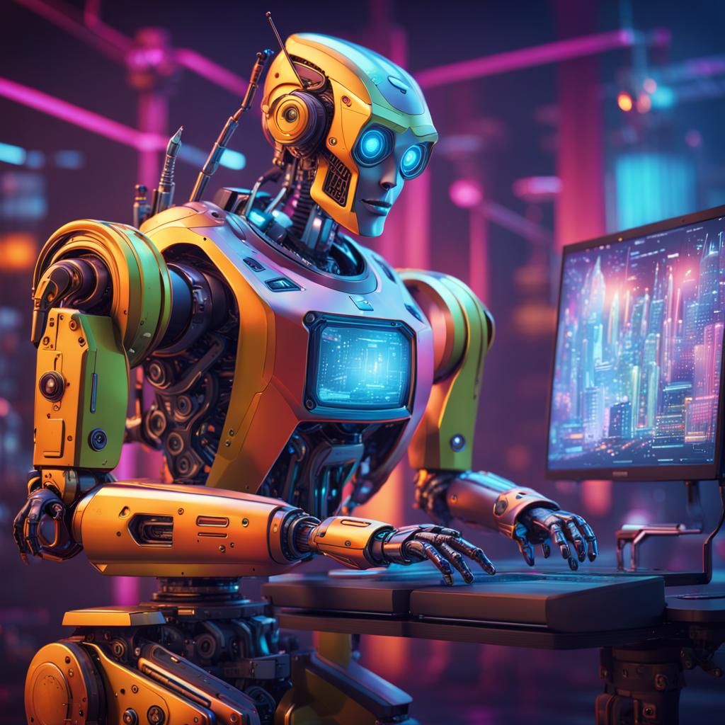 Friendly Futurist Robot in Cyberpunk Art Style