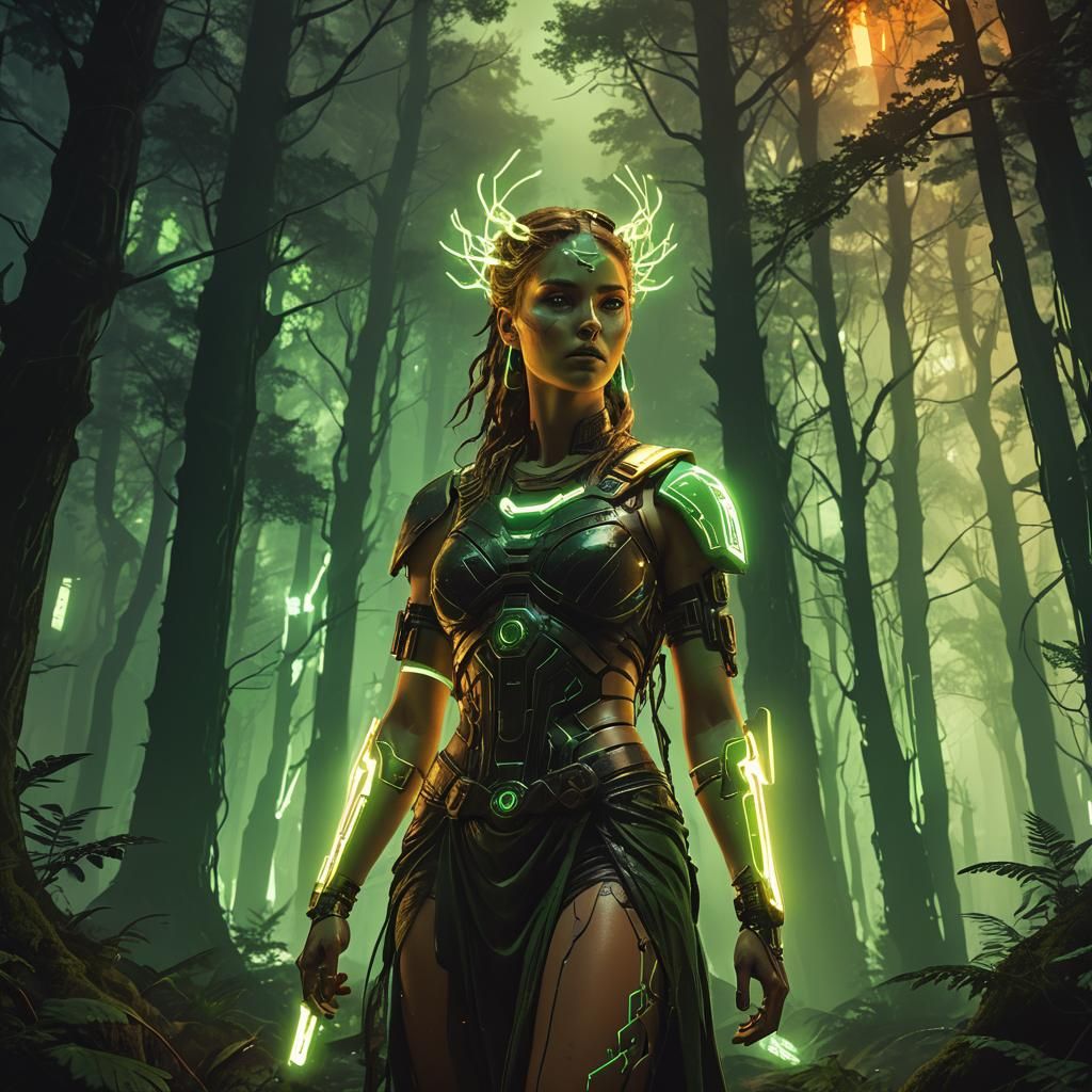Neon Goddess in Cyberpunk Forest Concept Art