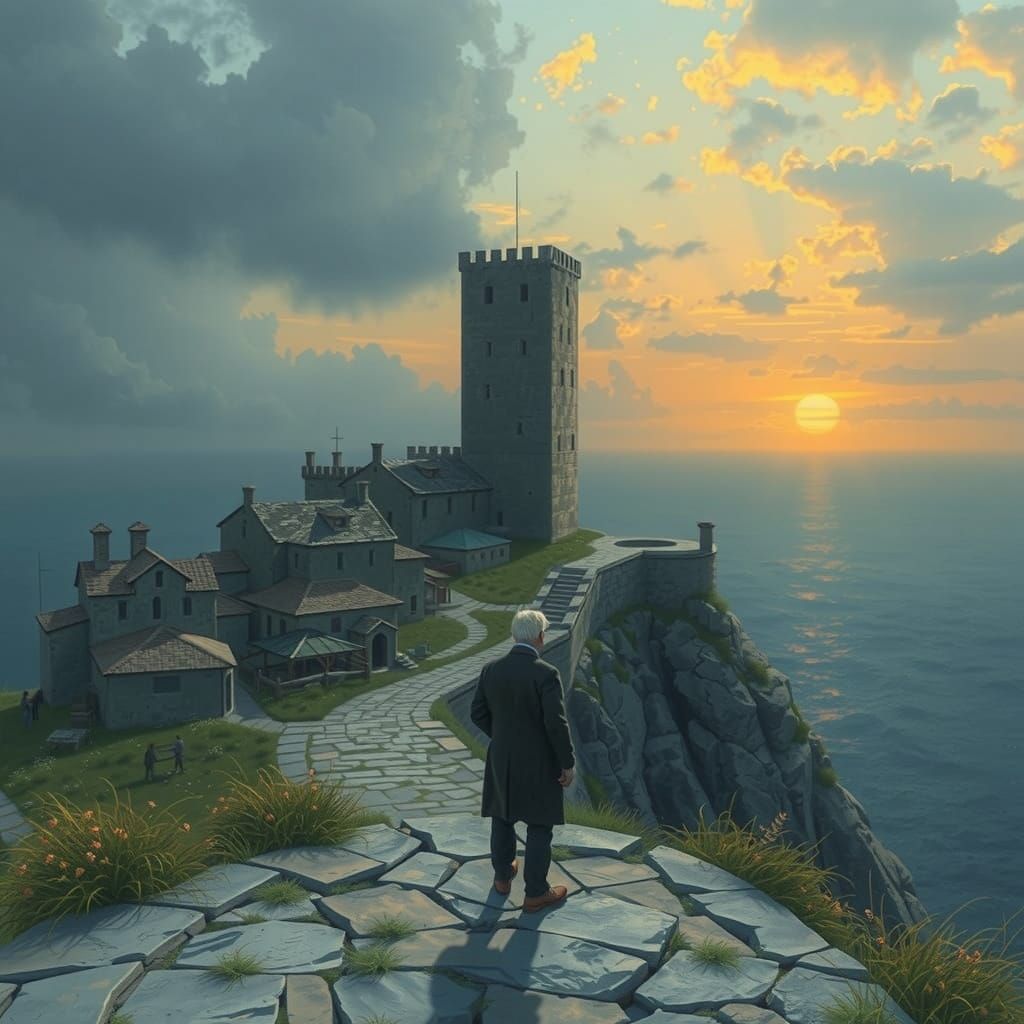 Mysterious Old Man Stands at Seaside Tower