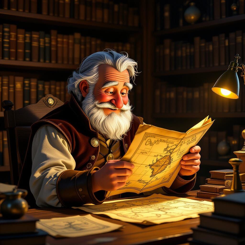 Italian Cartographer Studies Ancient Map, Ghibli Style