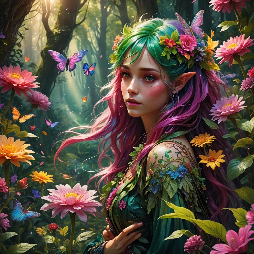 Rainbow-Haired Fairy in Lush Forest: Fantasy Concept Art