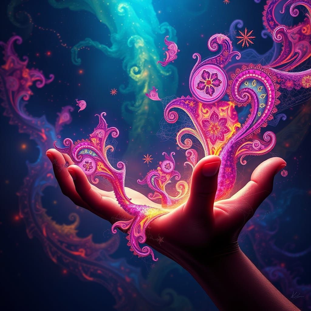 Vibrant Fractal Paisley Patterns Unfold from Divine Hands