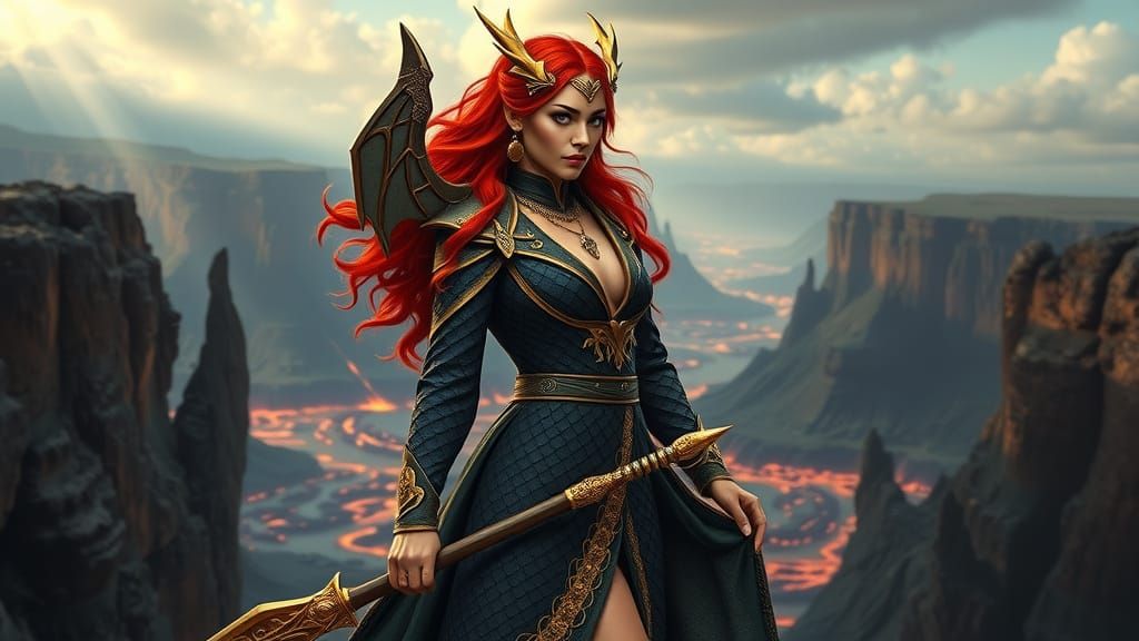 Dragon-Scale Woman on Obsidian Cliffs