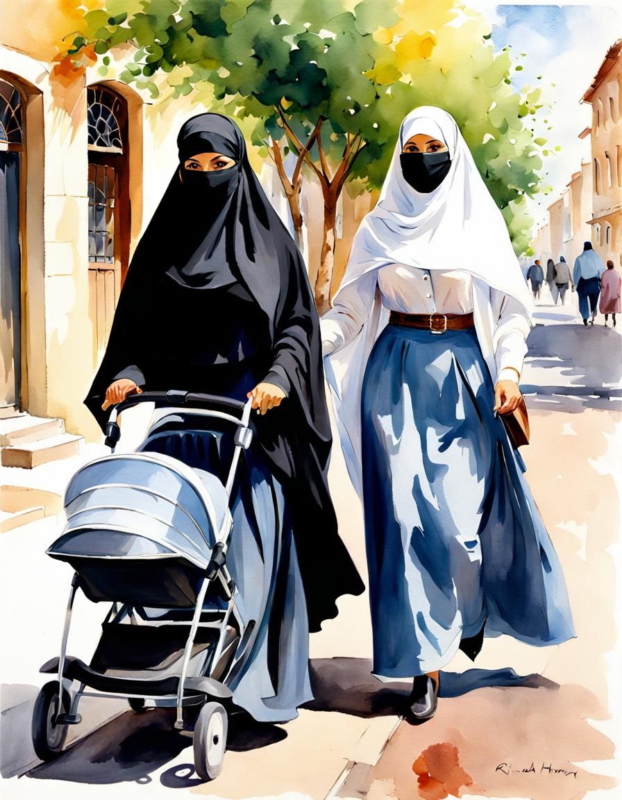 Niqabi Teachers Strolling in Watercolor City