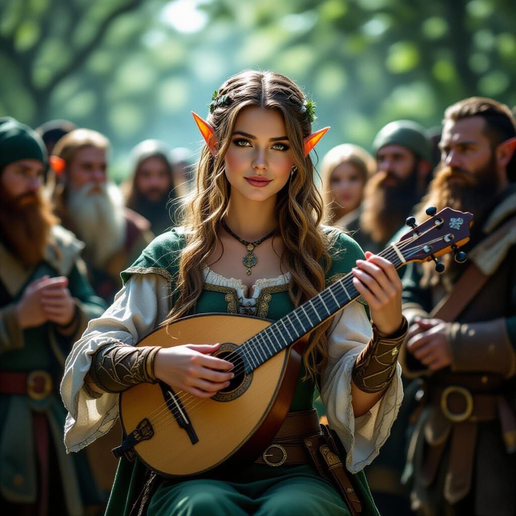 Fantasy Elf Bard Plays Lute Among Diverse Tavern Crowd