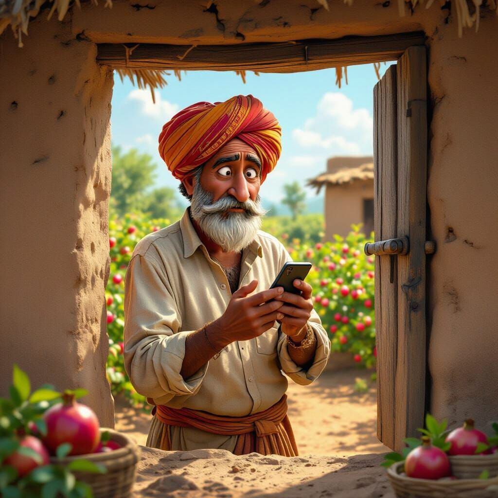 Vibrant 3D Cartoonish Indian Farmer Calling for Help