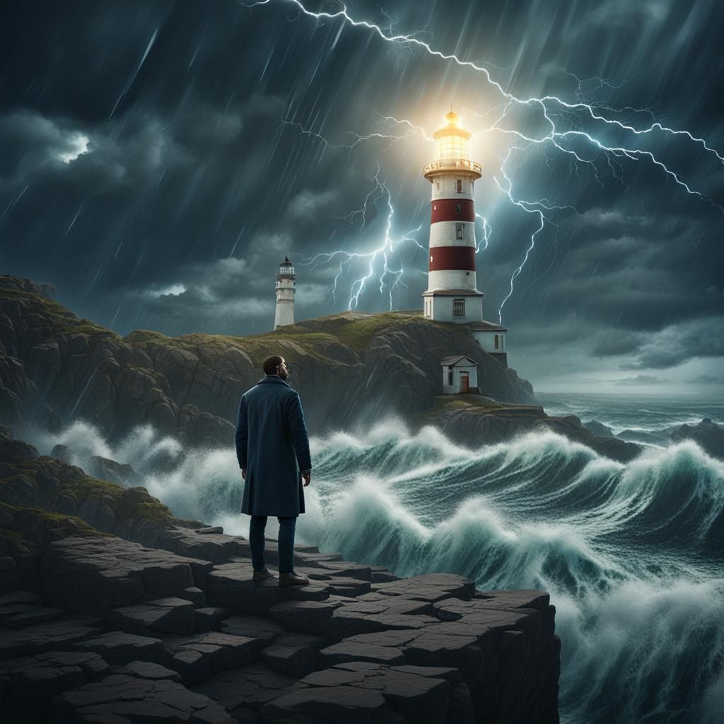 Lighthouse Keeper in Storm: A Digital Matte Painting