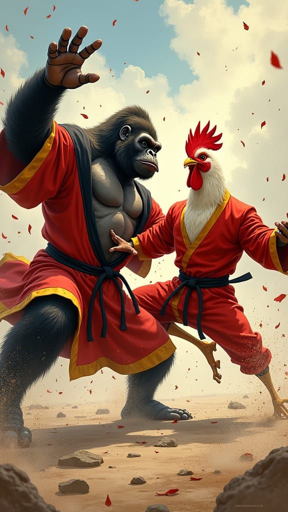 Gorilla vs Chicken Kung Fu Showdown in Vibrant Colors