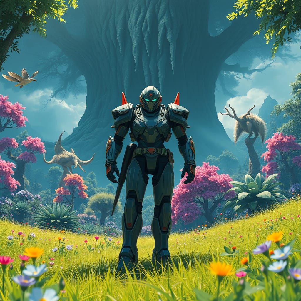 Armored Mecha Pilot in Anime-Inspired Meadow