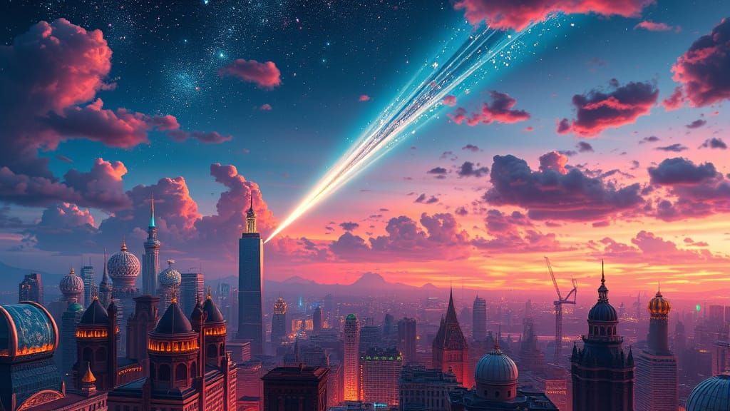 Dreamy Cityscape Illuminated by Meteor Shower