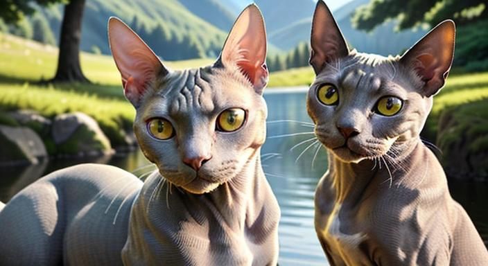 Hyperrealistic Sphynx Cat Portrait by Mountain Lake