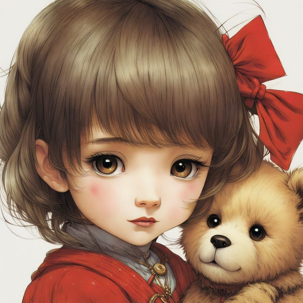 Girl and Teddy Bear in Anime Rackham Style