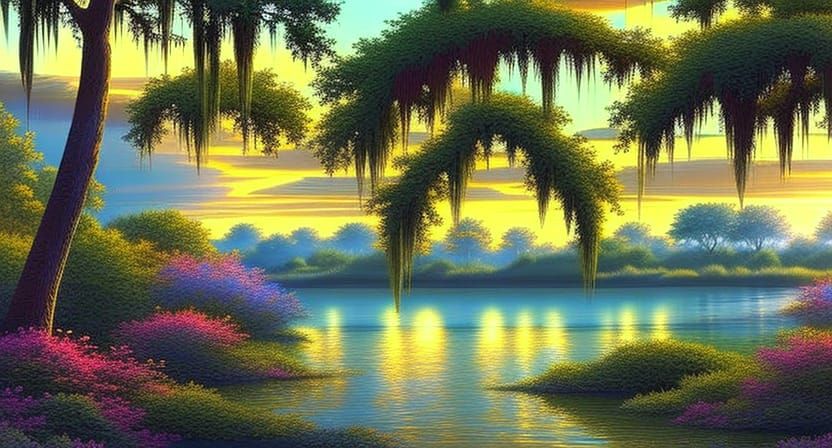 Wind Chimes in Georgia Bayou: Cel-Shaded Digital Art