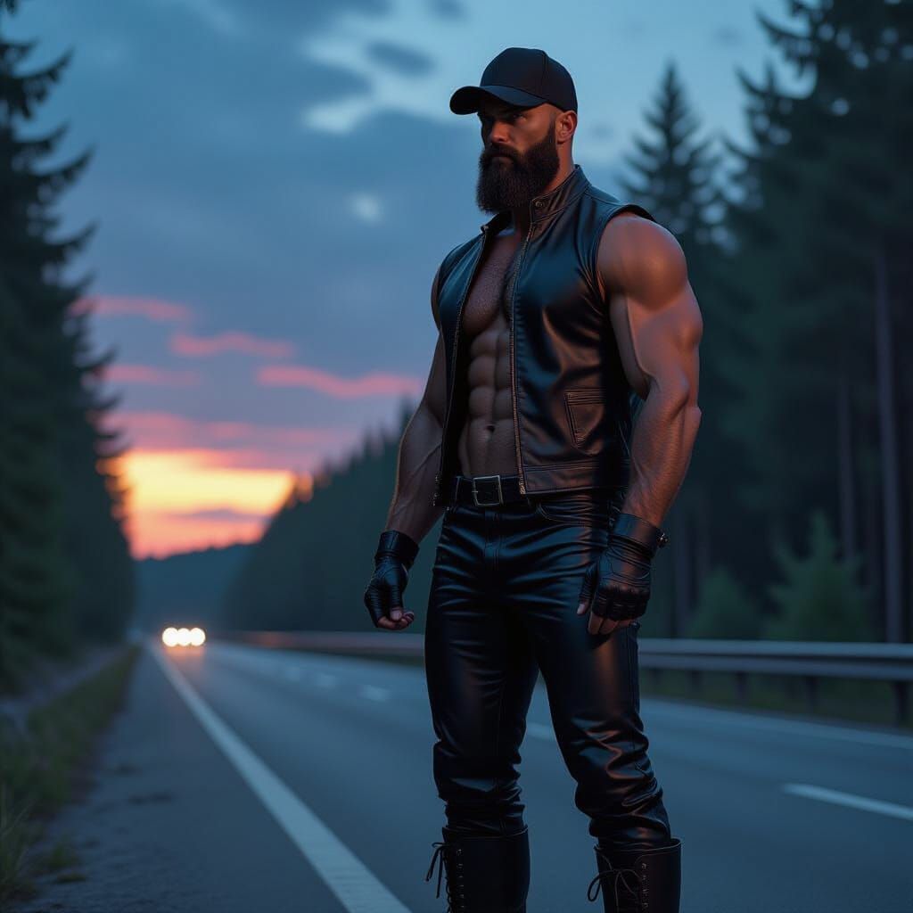 Muscular Man in Leather at Dusk Forest Rest Stop