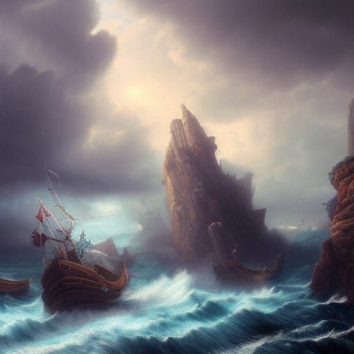 Mermaid Amidst Pirate Ships and Stormy Cliffs