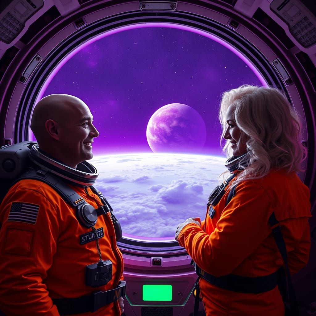 Two Astronauts in Vibrant Orange Spacesuits Gaze at a Purple...
